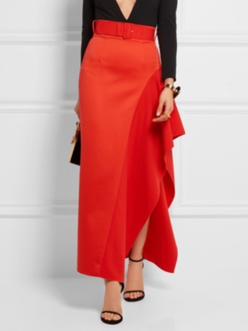 SOLACE LONDON Kaya Belted Skirt Size 2 Red-Orange Draped Satin Maxi Asymmetrical